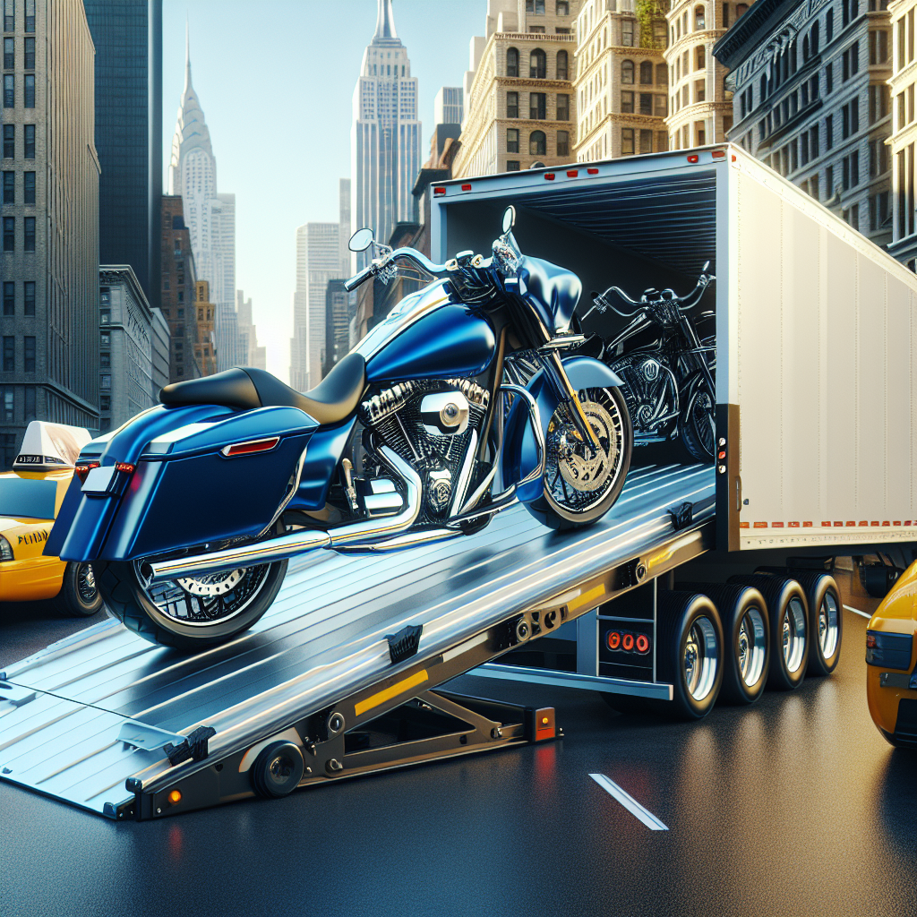 A motorcycle transport trailer in New York with a black sports motorcycle inside.