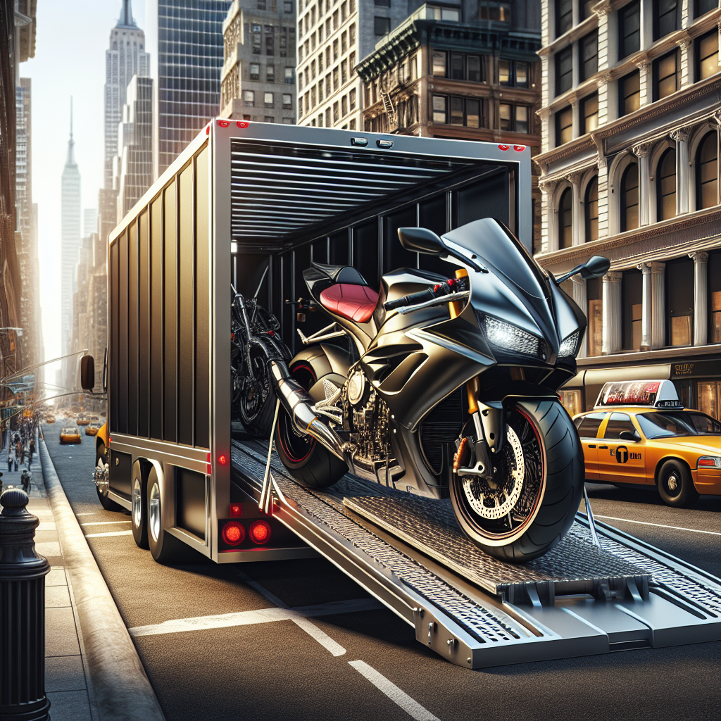 A motorcycle being loaded into an enclosed trailer in New York.