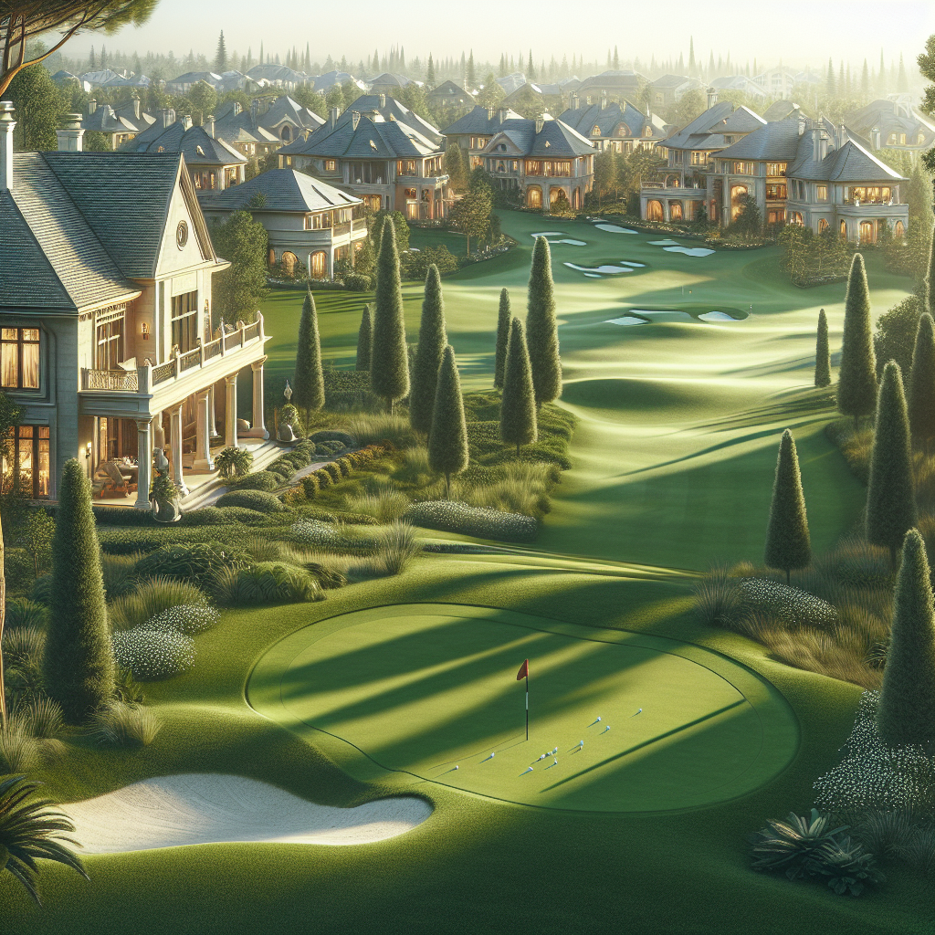 An upscale golf course with a golfer in action, representing social status and luxury.