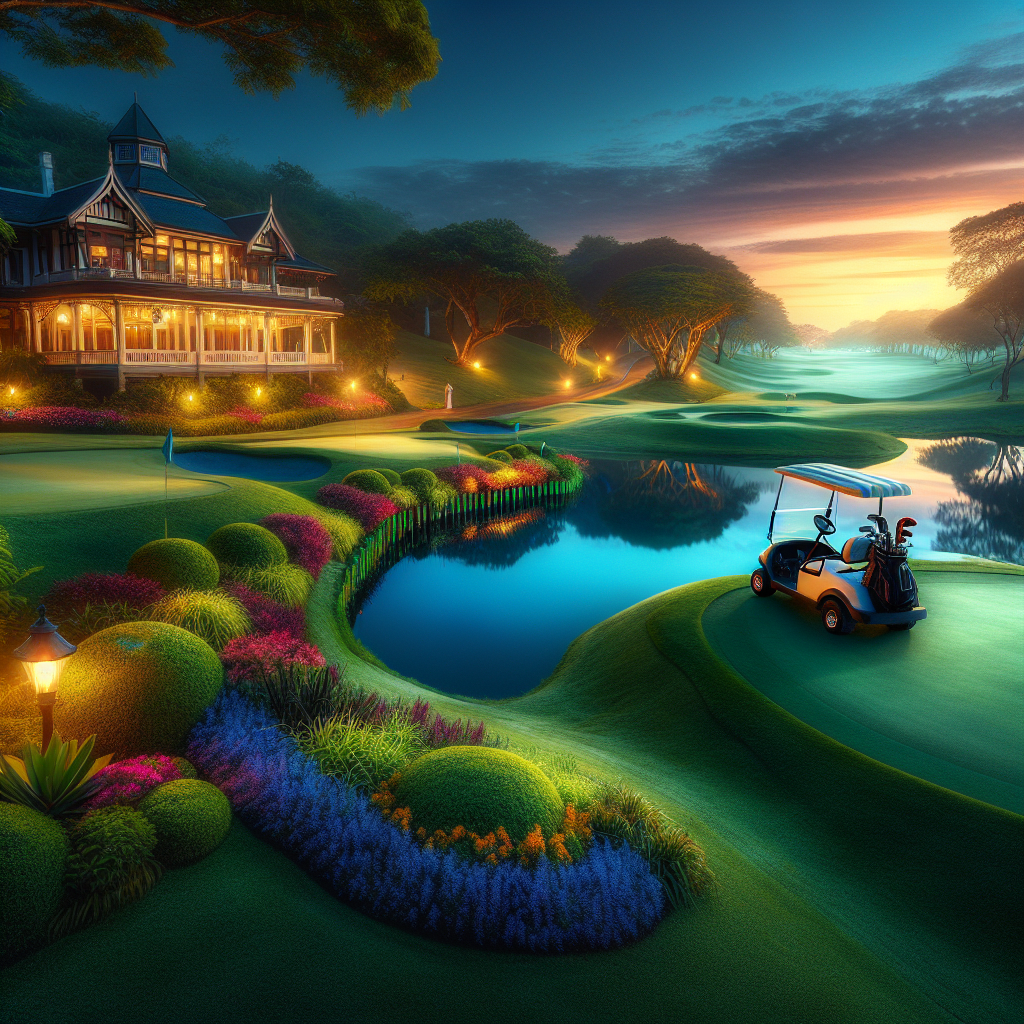 An upscale golf course with a luxurious golf cart and an elegant clubhouse in the background.
