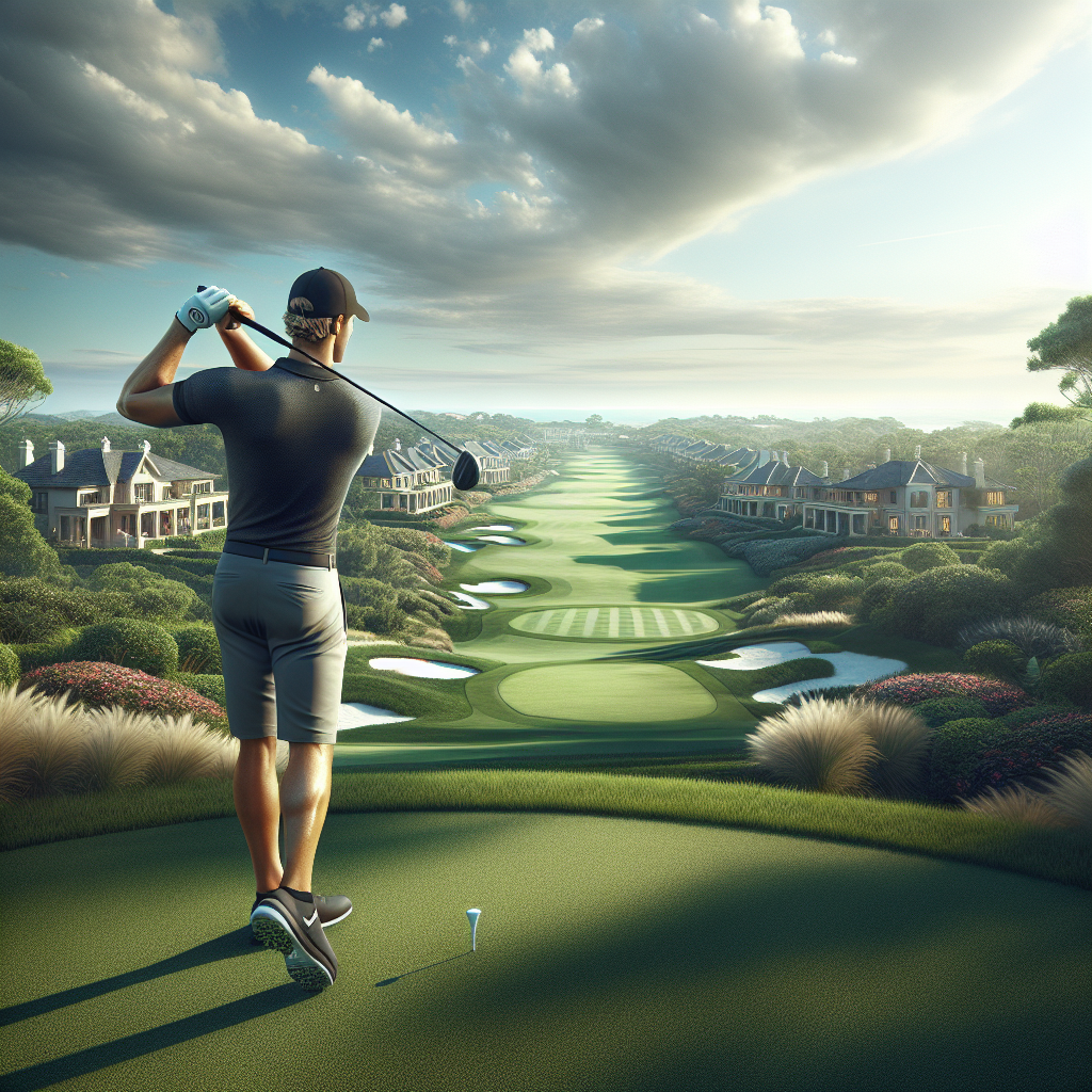 A luxurious golf course in an affluent neighborhood with green fairways and elegant mansions.