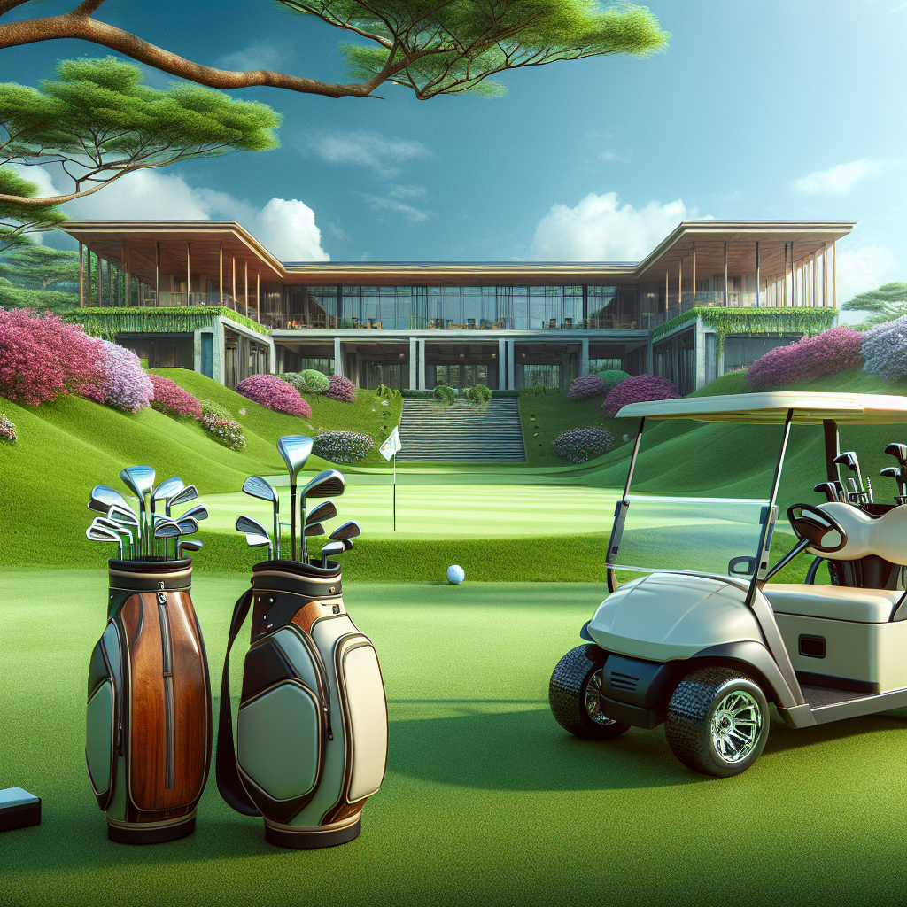 A serene golf course at dawn with a golf cart and a picturesque clubhouse.