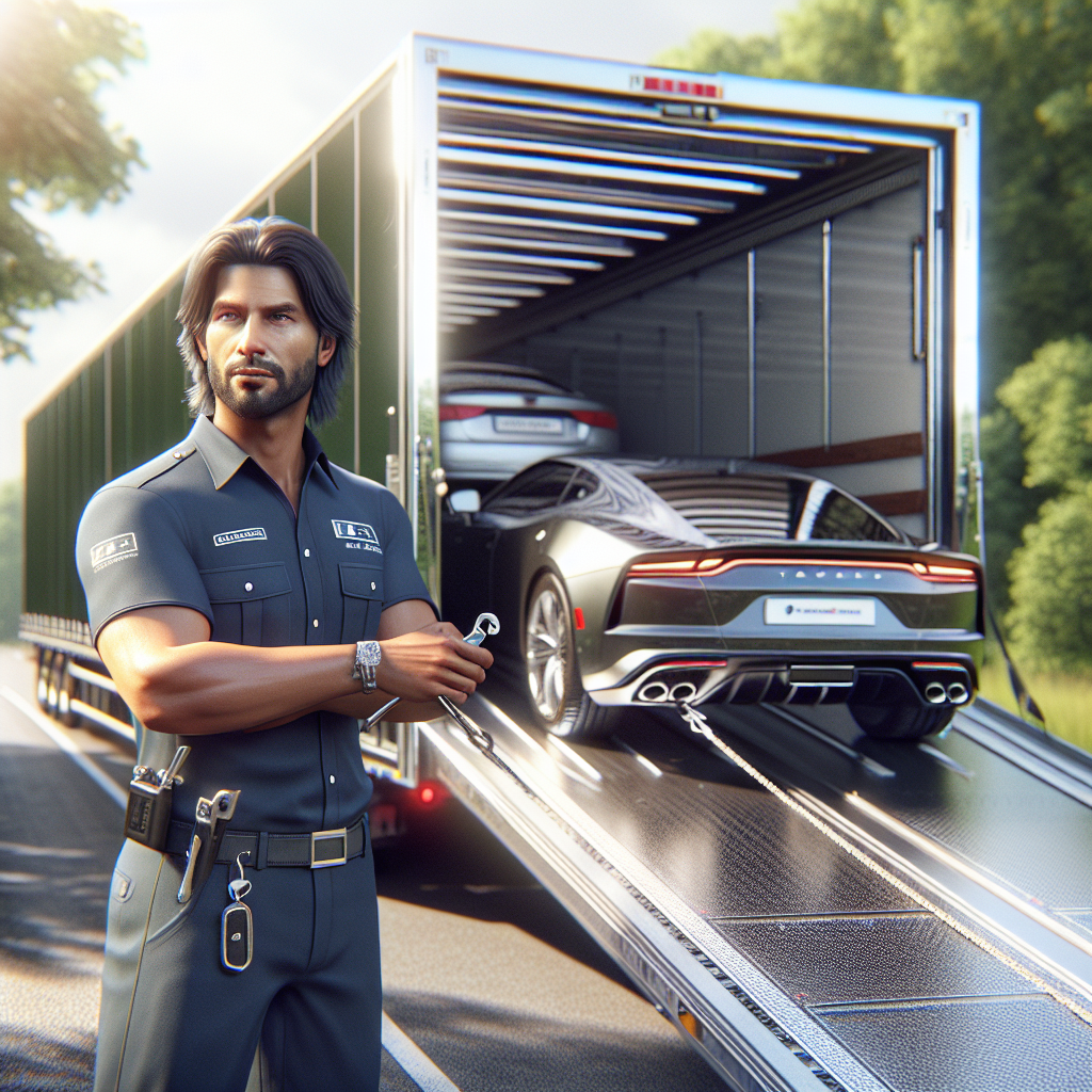 An experienced car transporter loading a luxury car into an enclosed trailer.