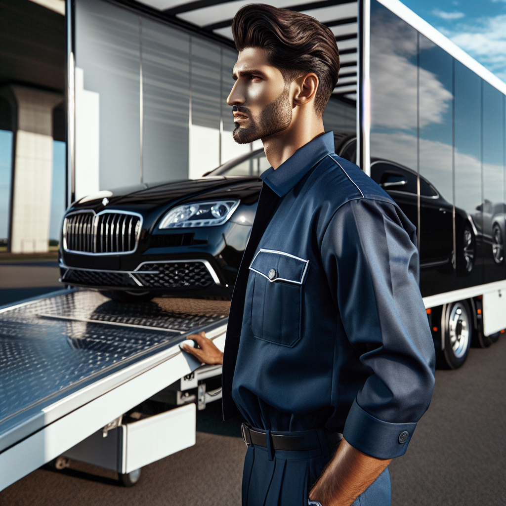 An experienced car transporter securing a luxury car in an enclosed trailer on a sunny street.