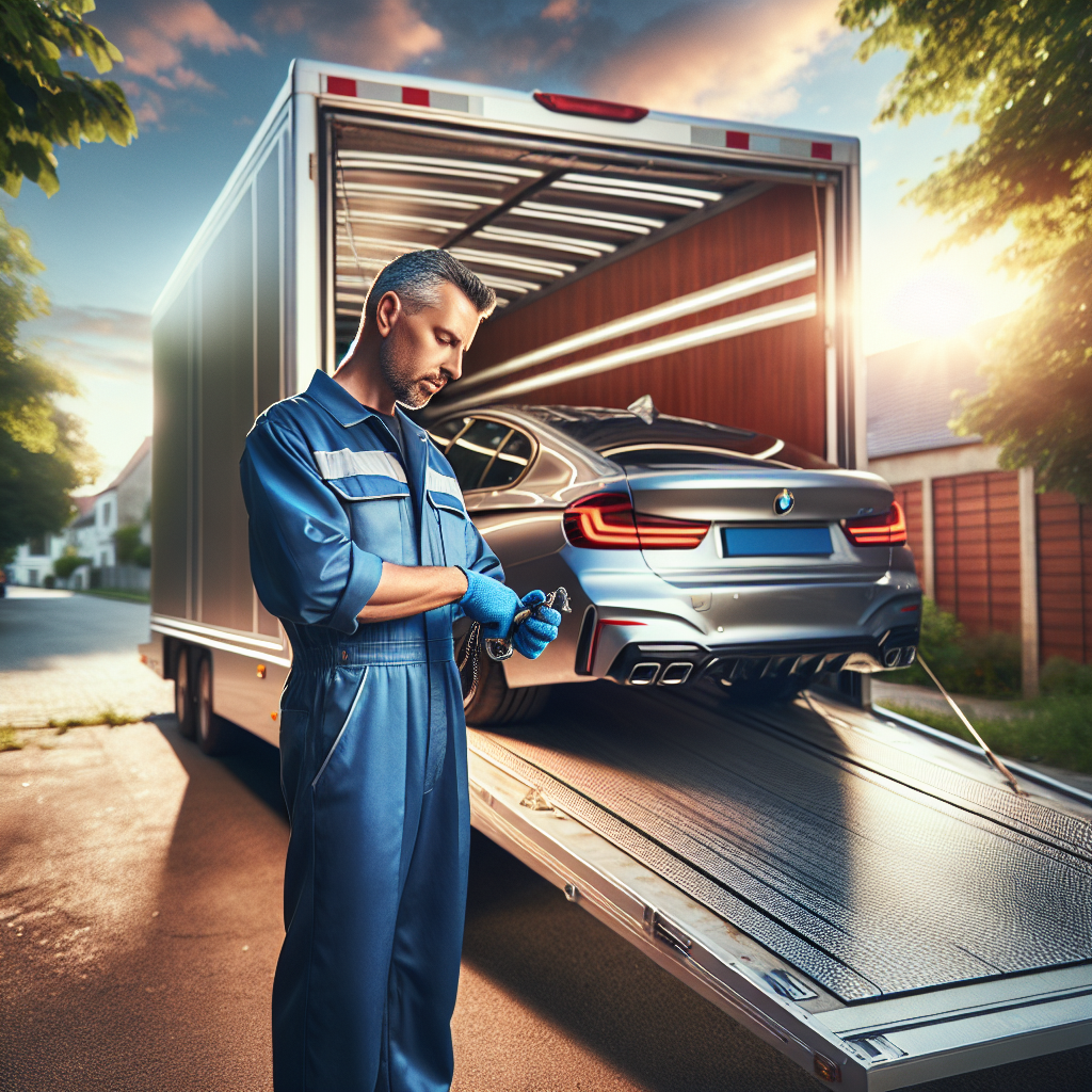 An experienced car transporter by a car carrier truck with various vehicles.