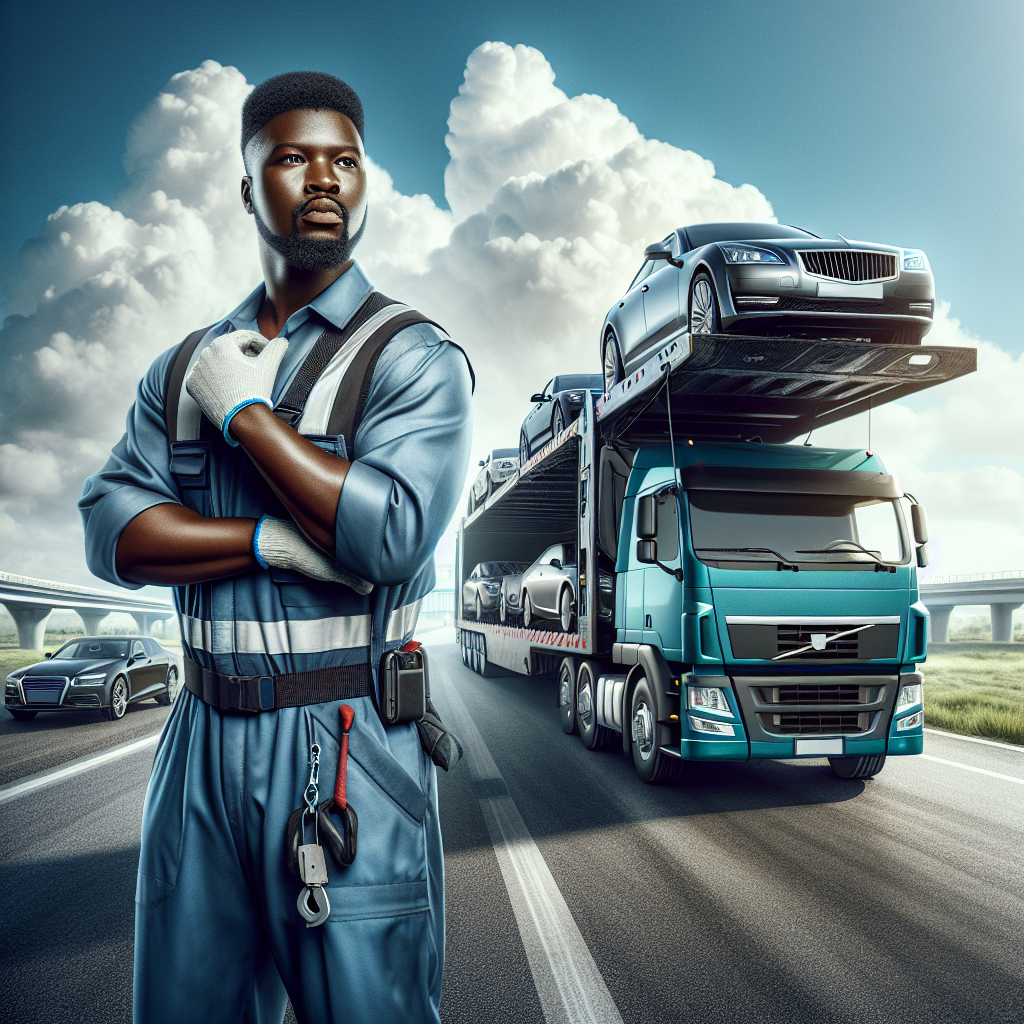 An experienced car transporter adjusting a vehicle in an enclosed trailer on a sunny day.
